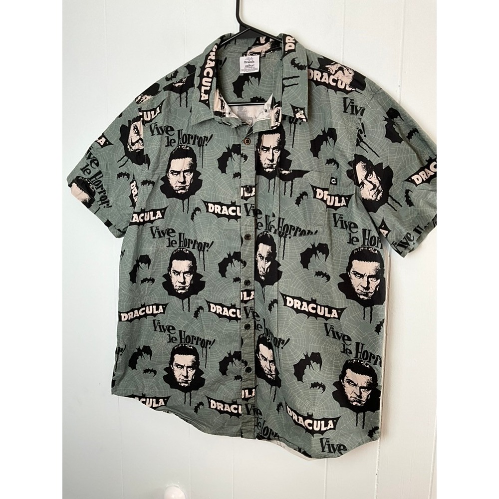 Creepy Co Bela Lugosi Dracula Short Sleeve Button Down Shirt XL Sage Green AOP